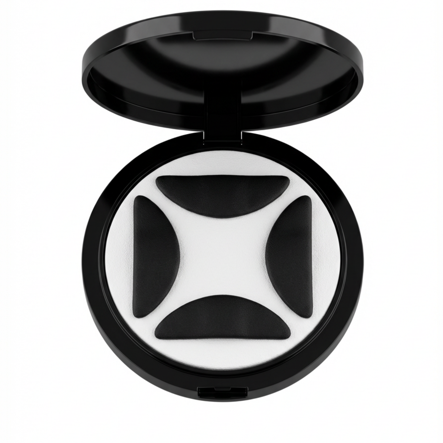 Birds eye view of open flutterstop case with four flutterstop pads sitting on a white foam disc