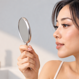 Woman examining lash set closely in mirror