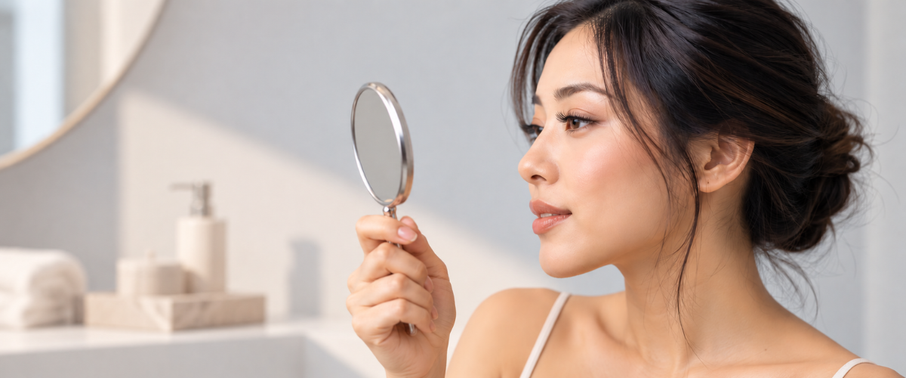Woman examining lash set closely in mirror