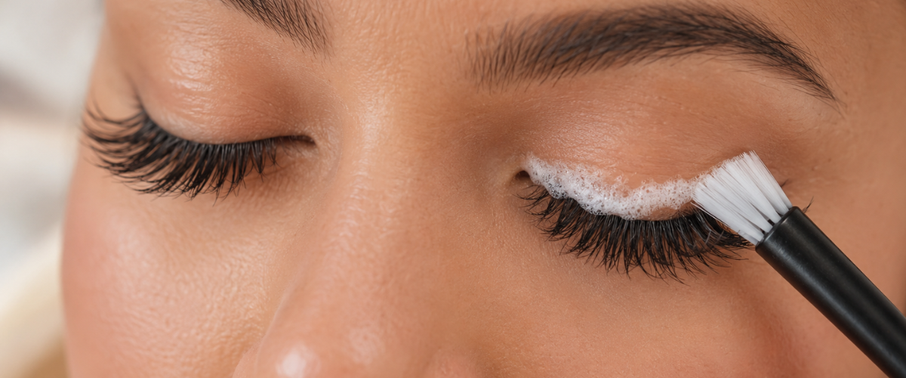 Woman gently cleansing wispy eyelash extensions with foaming lash cleanser and a soft brush.