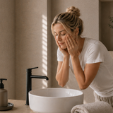 Blonde woman gently cleansing her face