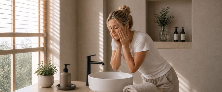 Blonde woman gently cleansing her face