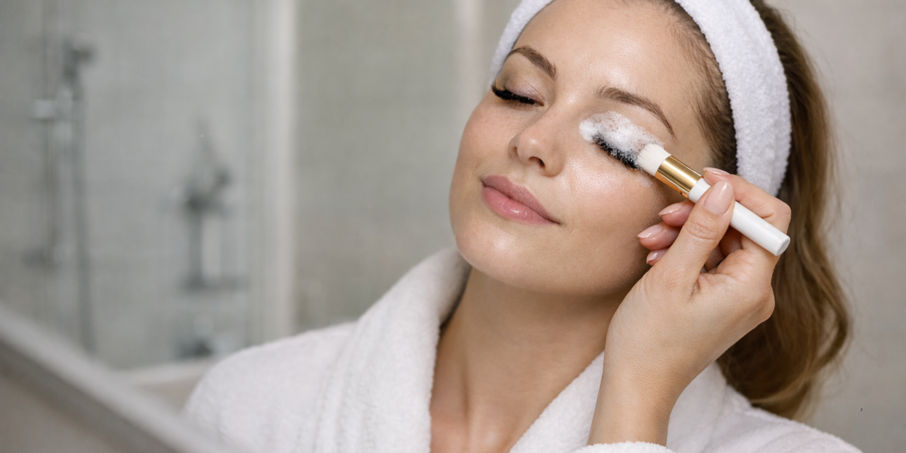 Woman cleaning her lash extensions with a foam cleanser and a brush.
