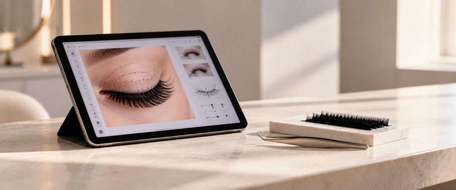 Tablet showing a digital eyelash design alongside lash extension trays and precision tweezers.