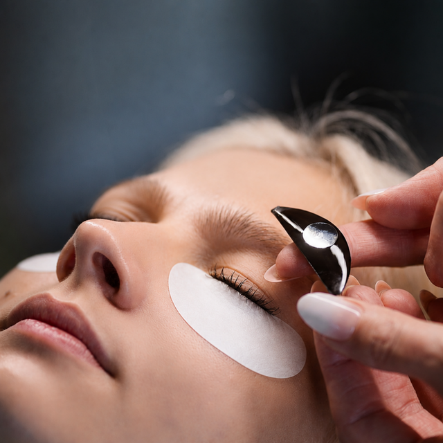 Women with her eyes closed wearing undereye pads, a flutterstop gel pad it being held right near her eye