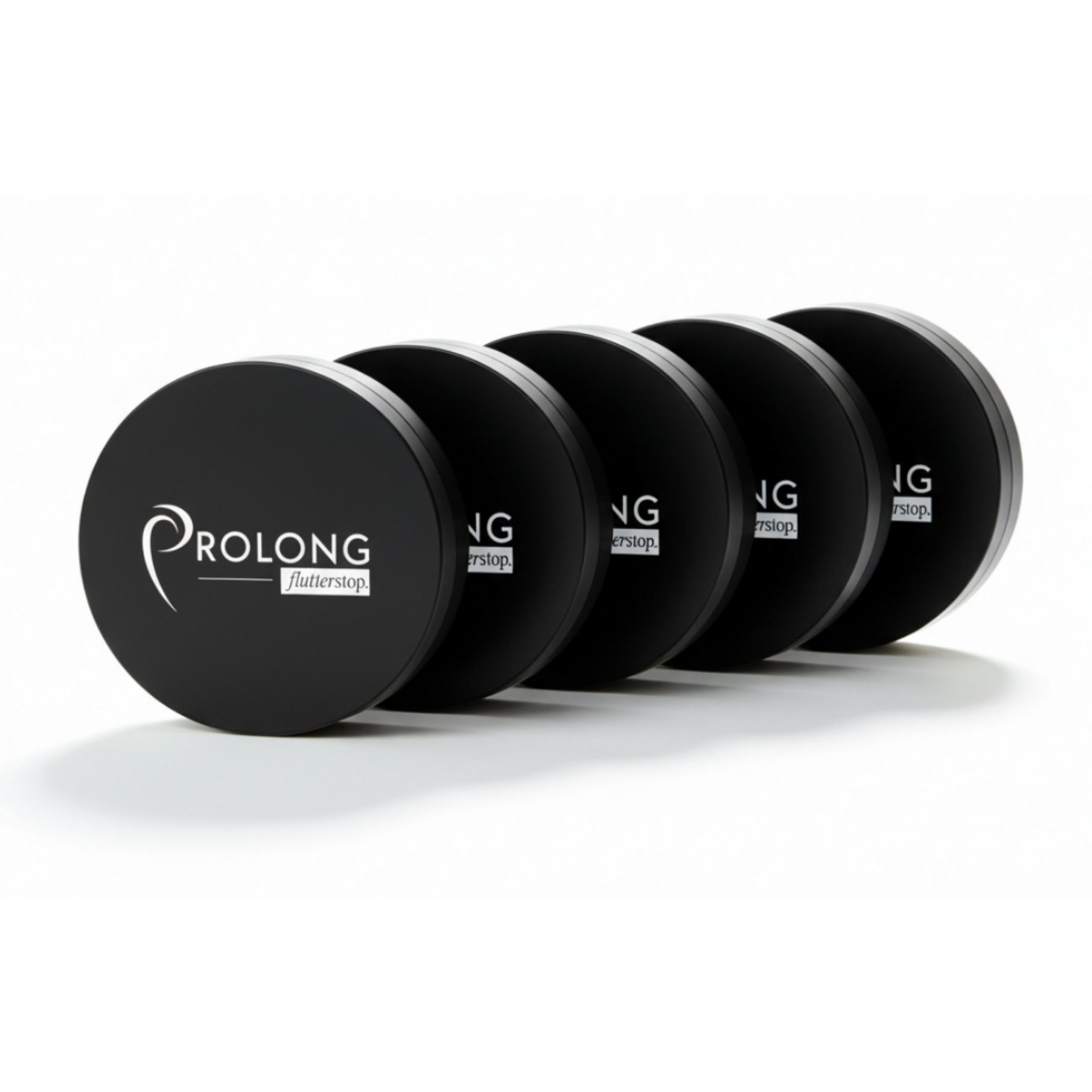 Set of flutterstop containers with 'Prolong flutterstop' branding on a white background
