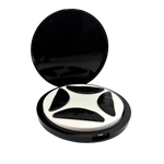Open flutterstop case with four flutterstop pads sitting on a white foam disc